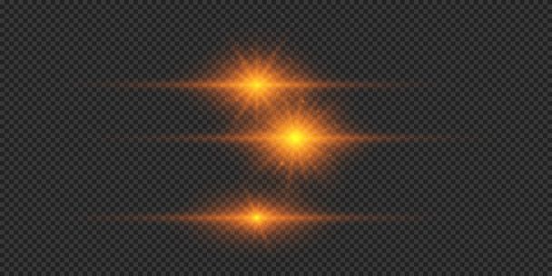 Efeito de luz dos flares da lente. Três efeitos starburst luz brilhante horizontal laranja com brilhos em um fundo transparente cinza. Ilustração vetorial - Vetor, Imagem