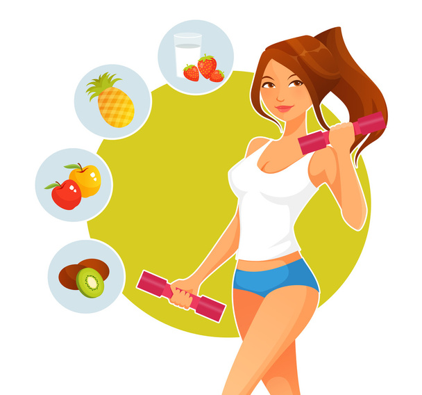 Chica de dibujos animados deportivo con pesas y variedad de frutos sanos - Vector, Imagen