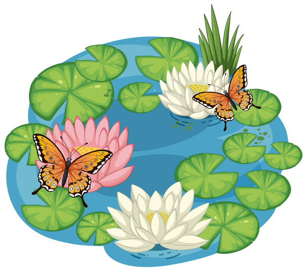 Kleurrijke vlinders zweven boven water lelievijver - Vector, afbeelding