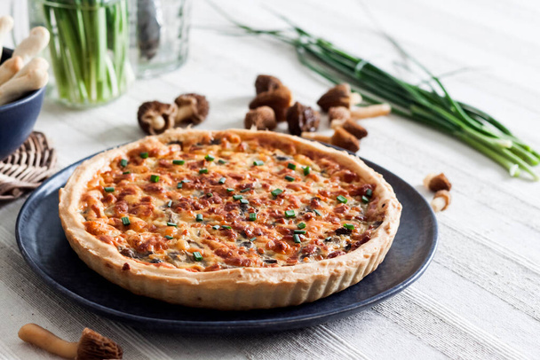 Quiche - open tart pie with spring morel mushrooms, onion and cheese on a plate - Photo, Image