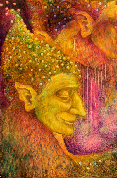 hermosa cabeza enana con texturas y perlas, pintura colorida vívida detallada, retrato de perfil sobre fondo texturizado
 - Foto, imagen