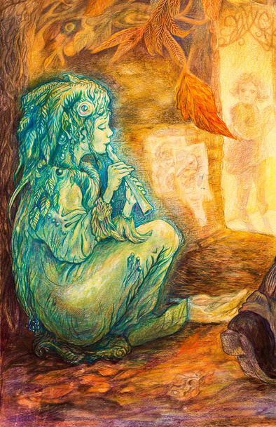hada verde esmeralda tocando la flauta en una calle a finales de otoño por la noche, hermosa pintura colorida detallada, retrato de perfil
 - Foto, imagen