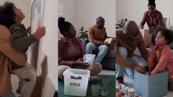 Osztott képernyős videó afro-amerikai családi csomagolási cucc és lógó keretes kép a falon, miközben mozog az új házban - Felvétel, videó