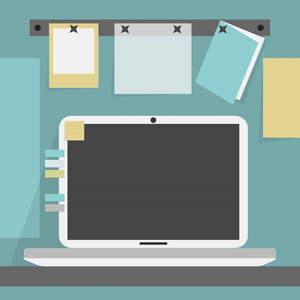 Відкритий ноутбук на столі і фонова стіна з відсіченими паперами і карткою
 - Вектор, зображення