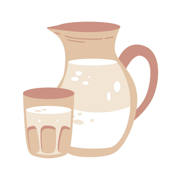 Melk in kan en glas, geïsoleerd op witte achtergrond, vectorillustratie - Vector, afbeelding