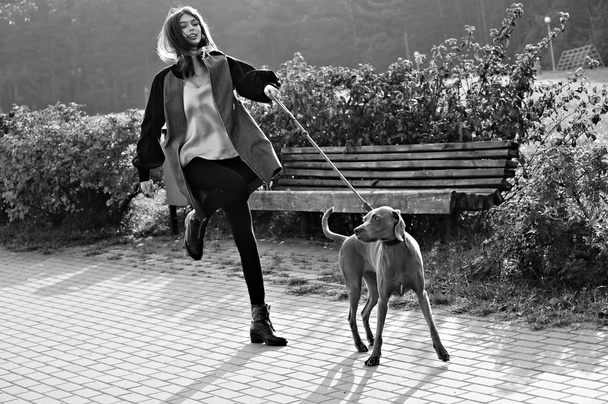 fashion girl model walk with her dog outdoor park nature background - Foto, afbeelding