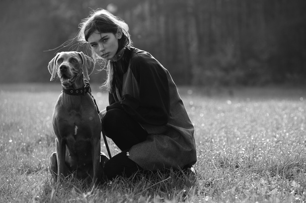 moda ragazza modello passeggiata con il suo cane all'aperto parco natura sfondo
 - Foto, immagini