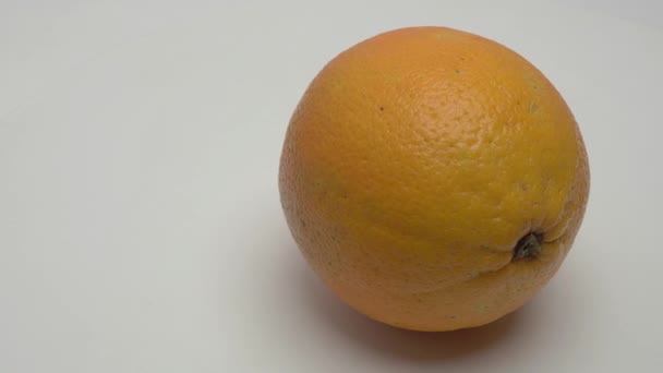 Panorama horizontal de una naranja sobre un fondo blanco. Vídeo. - Metraje, vídeo