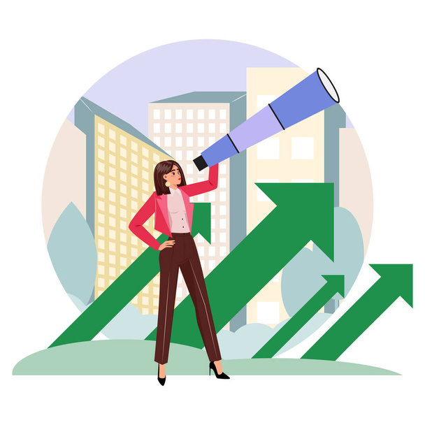 Young woman in a suit looking through a telescope, envisioning her future against the backdrop of a sprawling city. Business, feminism, career, goal, big city life concept - Vector, Image