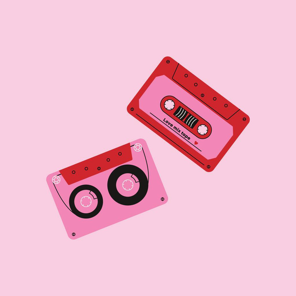 Retro-Audiokassetten. Vintage-Kassette mit Musik, Cartoon alte analoge Audio-Recorder, 80er 90er Musikmedien flachen Stil. Vektor trendige Illustration. - Vektor, Bild
