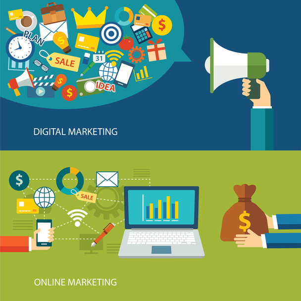 digitális marketing és online marketing, lapos kivitel - Vektor, kép