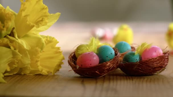 Uova di Pasqua e fiori di narciso visualizzare da vicino 4k dolly tiro fuoco selettivo - Filmati, video