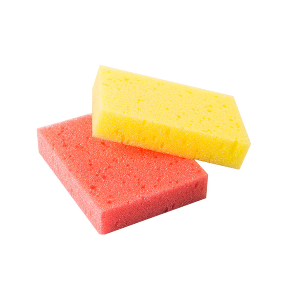 Czerwone i żółte danie mycie gąbką - Zdjęcie, obraz