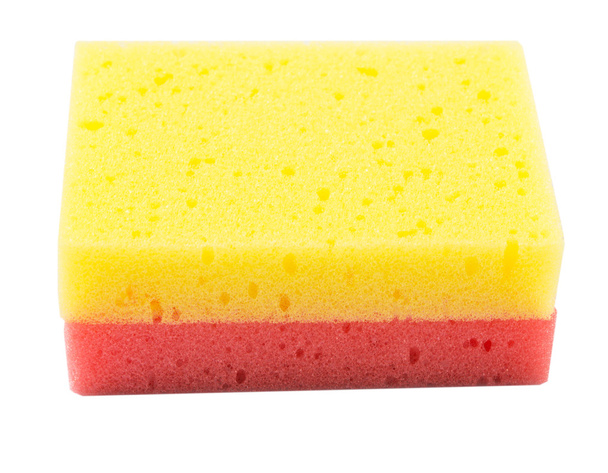 Plato rojo y amarillo Esponja de lavado
 - Foto, Imagen
