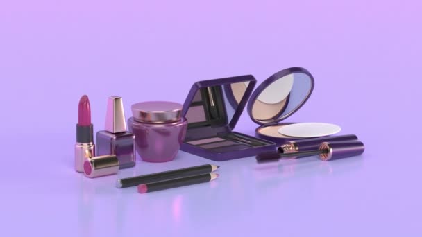 Maquillaje y set cosmético sobre fondo púrpura brillante - Imágenes, Vídeo