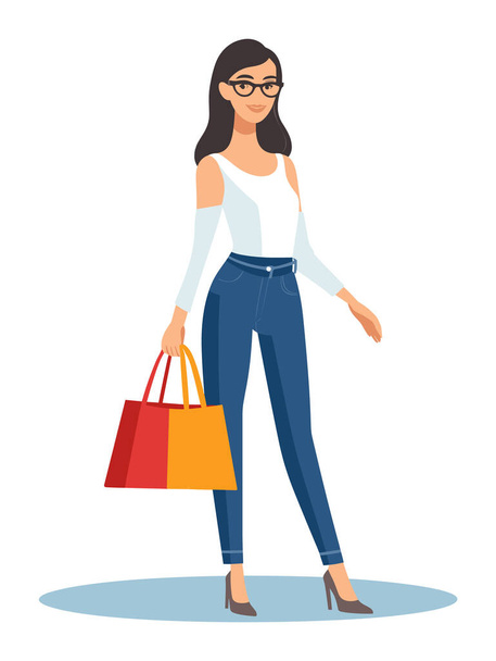 Mladá dospělá žena brýle ležérní oblečení drží nákupní tašky, sebevědomý nakupující, stylový spotřebitel. Moderní módní městský životní styl vektorové ilustrace - Vektor, obrázek