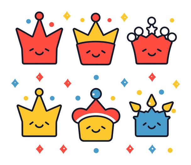 Sechs Cartoon-Kronen glückliche Gesichter, verschiedene Stile Farben gepunkteten Hintergrund. Royales Kopfbedeckungsdesign. Fröhliche Königin krönt Vektor-Illustration - Vektor, Bild
