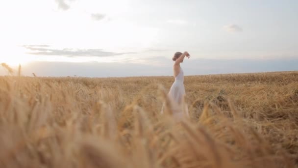 Focused on attractive caucasian female wearing white dress dancing amidst vast field of golden wheat under soft glow of setting sun. Concept of peace and harmony with nature. - Footage, Video