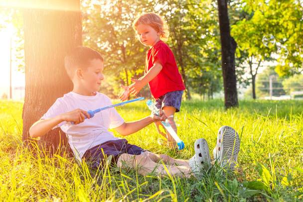Boy sitting under tree blowing soap bubbles with toddler approaching. Natural light photography with lens flare. Childhood and outdoor activity concept. Design for poster, greeting card - Photo, Image