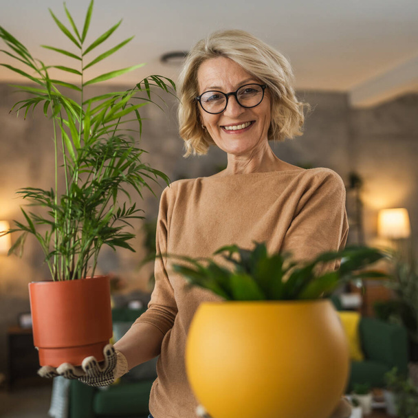 uma florista mulher cuidar cultivar plantas em casa - Foto, Imagem
