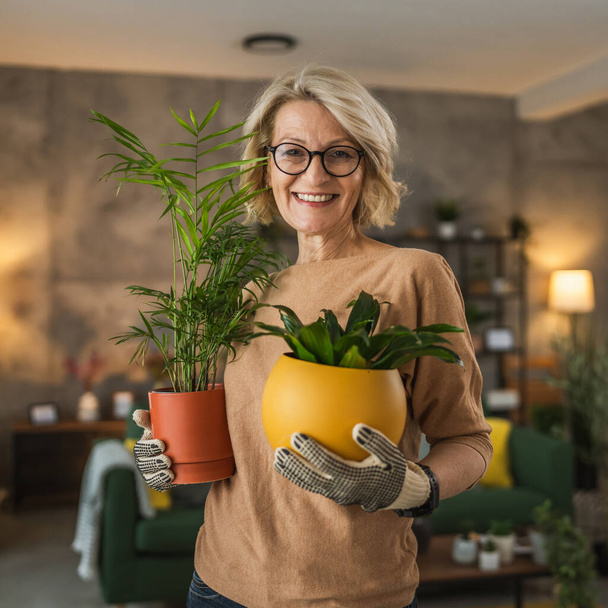 Eine Floristin kümmert sich um den Anbau von Pflanzen zu Hause - Foto, Bild