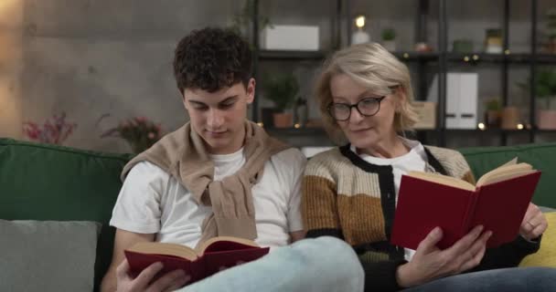 母と十代の息子の男と女性はソファーベッドで自宅に座って本を読む - 映像、動画