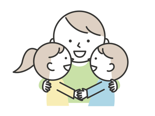 Baba çocuklarına sarılıyor. Babalar Günü ve Çocuklar Günü 'nün görüntüleri. Basit ve sevimli karakter çizimi - Vektör, Görsel