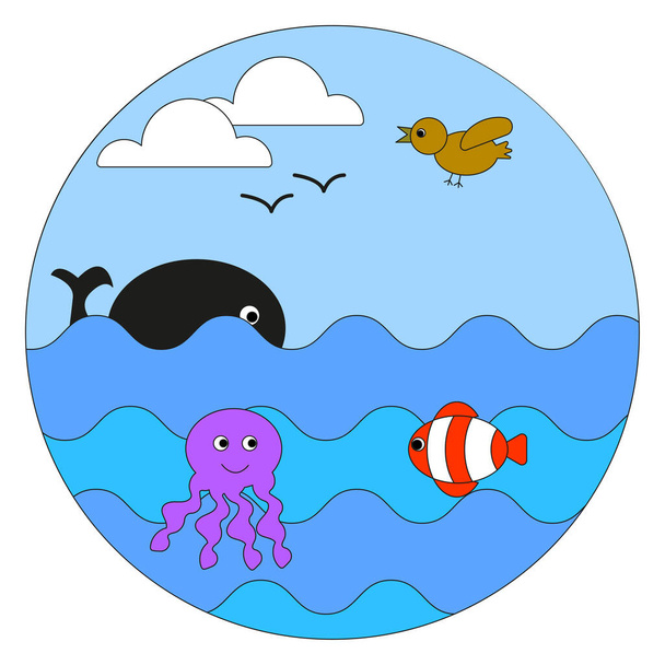 Δημιουργία κύκλου θαλάσσιας ζωής. Φάλαινα, ψάρια, φίλους πουλιά. Ζωντανό ωκεάνιο οικοσύστημα. Εικονογράφηση διανύσματος. EPS 10. Εικόνα αρχείου. - Διάνυσμα, εικόνα