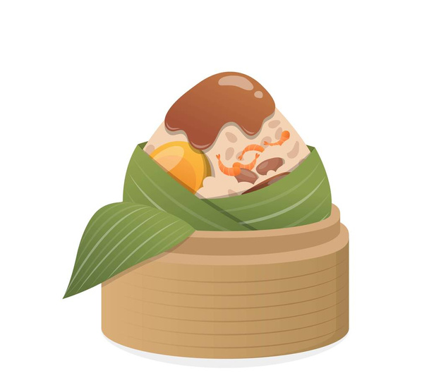 Comida tradicional chinesa, arroz pegajoso envolto em folhas de bambu, carne de porco com gema de ovo e molho, ilustração vetorial - Vetor, Imagem
