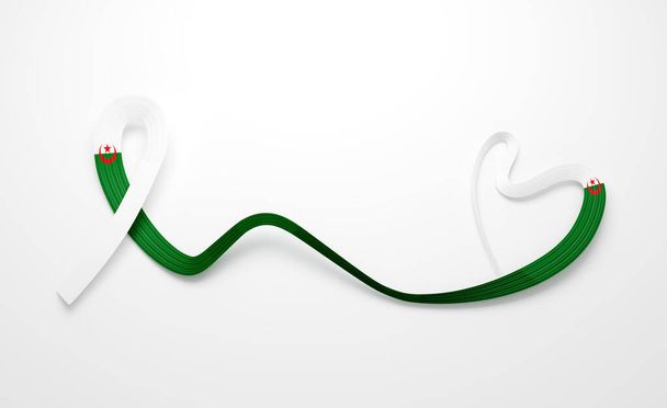 3d Vlag van Algerije Heart Shape Shiny Wave Awareness Ribbon Flag Witte achtergrond 3d Illustratie - Foto, afbeelding