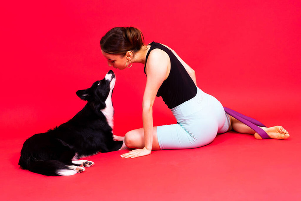 Border collie chien et sport fitness femme devant un fond jaune rouge - Photo, image