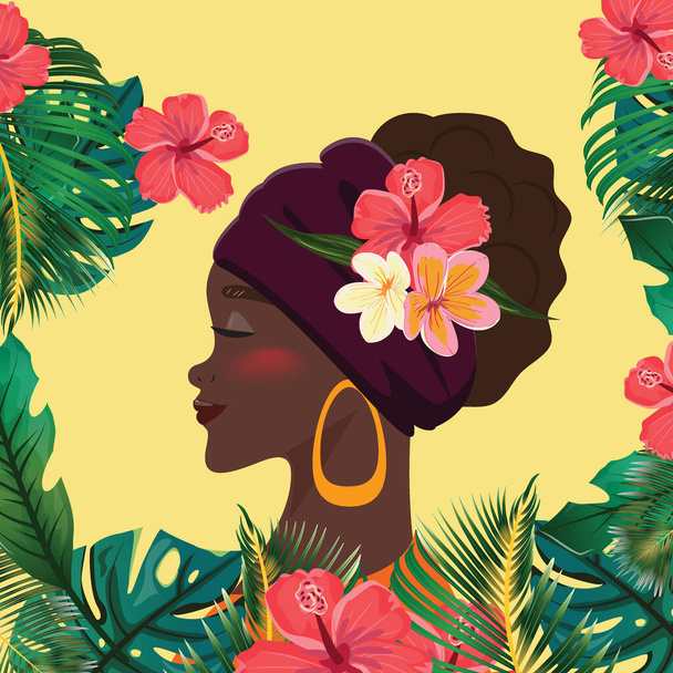 Ilustração impressionante de mulher negra com olhos fechados e um envoltório de cabeça adornado com hibisco vibrante, plumeria e exuberantes folhas tropicais verdes. Vidas negras importam - Vetor, Imagem