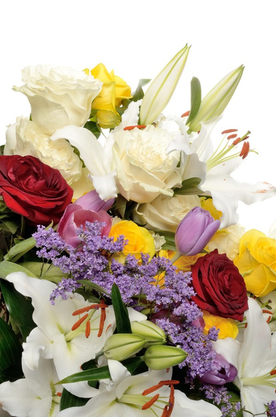 Состав - разноцветные цветы разных сортов - лилии, розы, тюльпаны и пустое место для текста на белом фоне
 - Фото, изображение