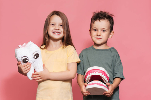 Een lachende jongen en een meisje met gezonde tanden houden een speelgoedtand in hun handen op een geïsoleerde achtergrond. Orale hygiëne. Pediatrische tandheelkunde. Protheses. Regels voor het poetsen van tanden - Foto, afbeelding