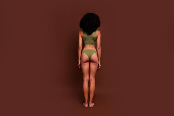 Full length no filter studio photo of slim slender woman wear lingerie enjoying body positive empty space isolated brown color background. - 写真・画像