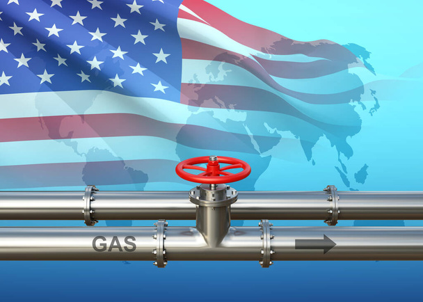 Клапан газопровода и флаг США. 3D-рендеринг - Фото, изображение
