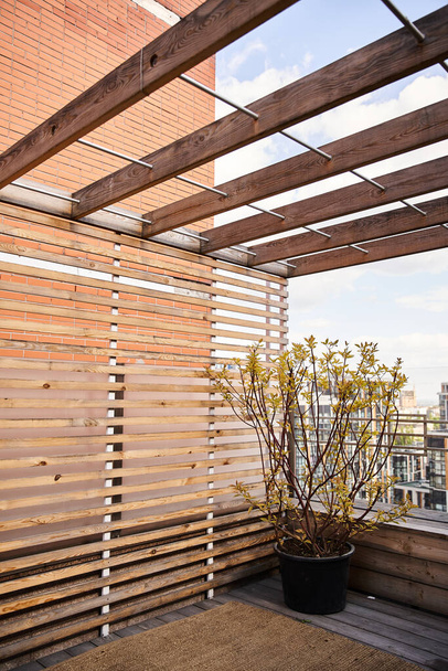 Спокойный балкон, украшенный деревянными перекладинами и цветущим растением в горшке - Фото, изображение