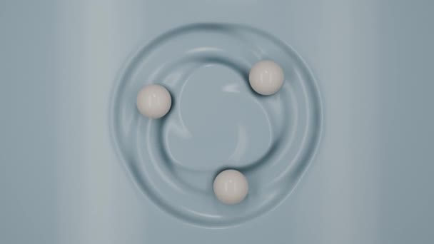 Eine 3D-Looping-Animation einer blauen Sahneoberfläche, über die drei weiße Milchtropfen spiralförmig fliegen, verschmelzen und sich trennen. Tropfen hinterlassen Spuren an der Oberfläche. Schleifenanimation - Filmmaterial, Video