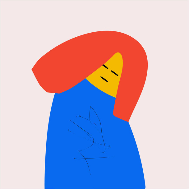 Zeitgenössische abstrakte Kunstwerke. Frau mit roten Haaren und blauem Mantel steht mit geschlossenen Augen da und scheint sich in Gedanken zu verlieren. Vektorillustration im surrealistischen Stil. Konzept von Gen Z, Kultur. - Vektor, Bild