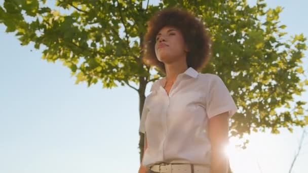 Afrikai amerikai etnikai nő sikeres üzletasszony üzlet nő séta szabadtéri séta boldog utcában park zöld fák mozgó megy a város magabiztos munkáltató életmód szakmai lány városi - Felvétel, videó