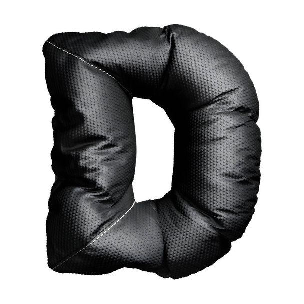 Caractère "D" gonflé noir 3D avec une finition en tissu texturé. Explorez l'audace de la typographie avec ce "D" texturé en tissu, gonflé pour un effet 3D saisissant. Dramatique noir gonflable "D" - Une fusion de l'art textile et de la conception 3D. - Photo, image