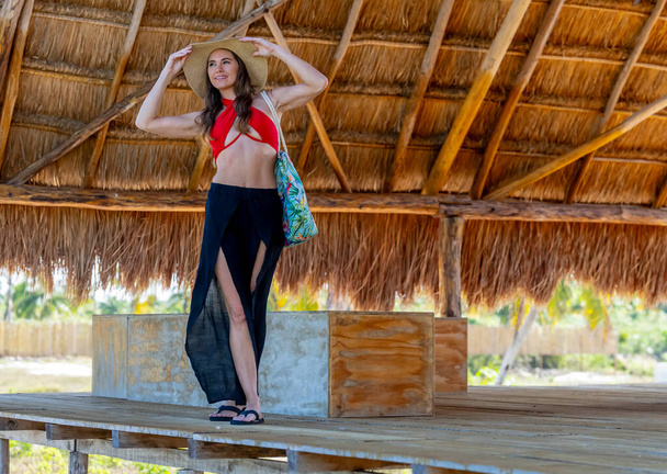 В деревенской пляжной хижине потрясающая женщина изящно позирует в ярком бикини, олицетворяя спокойствие и приморское очарование, захватывая суть идеального момента отпуска. - Фото, изображение