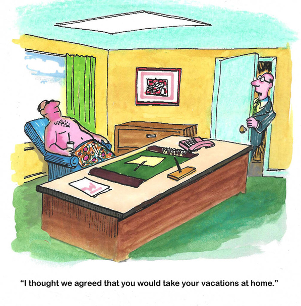 Caricature couleur d'un homme bronzant au travail que son patron est consterné. - Photo, image