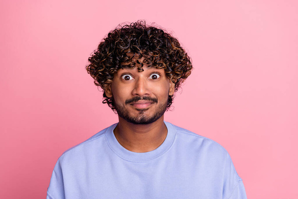 Photo of impressed shocked guy wear blue stylish clothes unexpected unbelievable sale offer isolated on pink color background. - Fotoğraf, Görsel