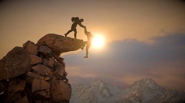 Un escalador ayuda a un amigo a no caer del acantilado para llegar a la cima de la montaña en 3D - Foto, imagen