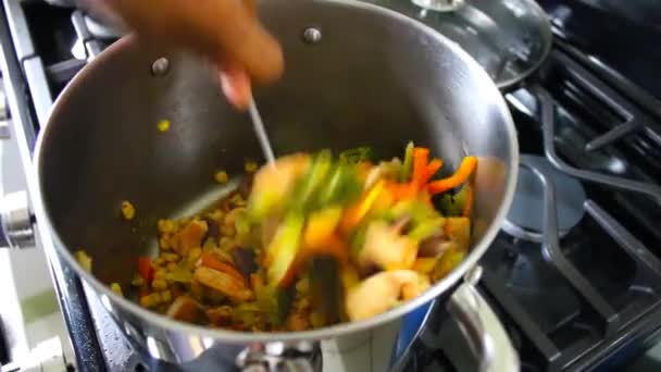Mano revolviendo deliciosa comida en olla de cocina en la estufa - Metraje, vídeo