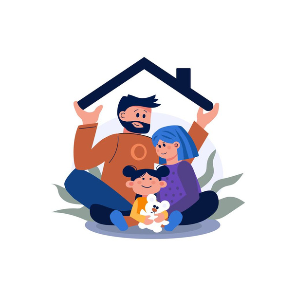 Familia feliz bajo techo sobre fondo blanco - Vector, Imagen