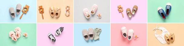 Renkli arka planda aksesuarları olan farklı şık bebek ayakkabıları kolajı, üst görünüm - Fotoğraf, Görsel