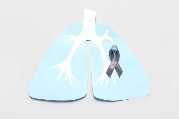 Paper lungs with ribbon on grey background - Photo, Image