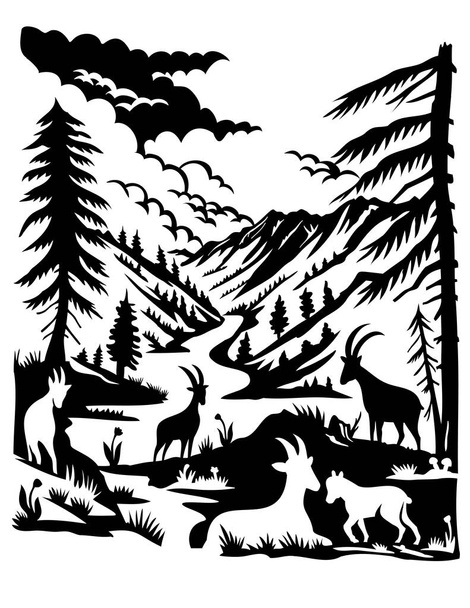 Sveitsin scherenschnitt tai sakset leikata kuva siluetti ibex Val Trupchun sijaitsee Sveitsin kansallispuistossa Länsi-Rhaetian Alpeilla, Sveitsi tehnyt paperin leikkaus tai decoupage tyyli - Vektori, kuva